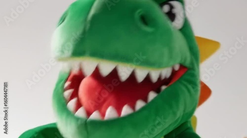 A smiling green dinosaur waves tiny arms with a wide mouth, the animation creates fun motion and is suitable for prehistoric themes, kids’ stories, or lively cartoon adventures.