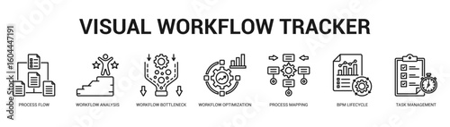 Visual Workflow Tracker Modern and clean web banner illustration featuring thematic icons for visual communication