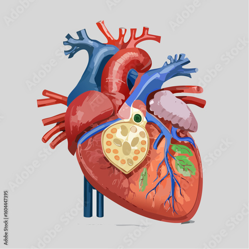 A detailed, realistic vector illustration of the human heart, showing its complex anatomical structure for medical or educational use.
