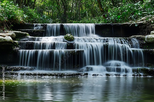 Cascading waterfall over rocks in lush green forest landscape with long exposure