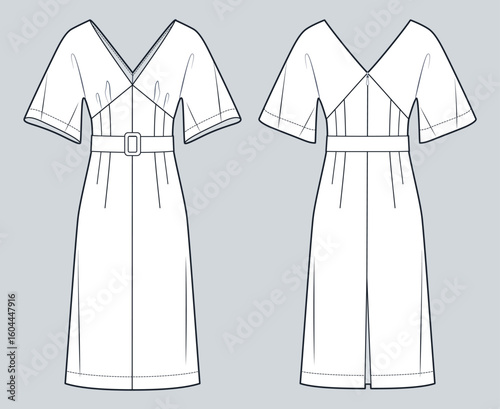 V-neck midi Dress with Kimono Sleeves technical fashion illustration. Belted midi Dress fashion flat technical drawing template, zipper back, front and back view, white, women CAD mockup.
