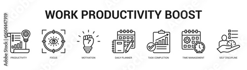 Work Productivity Boost Modern and clean web banner illustration featuring thematic icons for visual communication