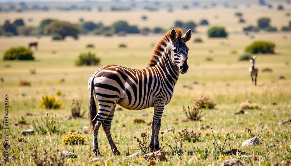Naklejka premium a zebra stands in a field with dry grass and sparse vegetation, appearing alert and looking to its right