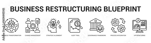 Business Restructuring Blueprint Modern and clean web banner illustration featuring thematic icons for visual communication