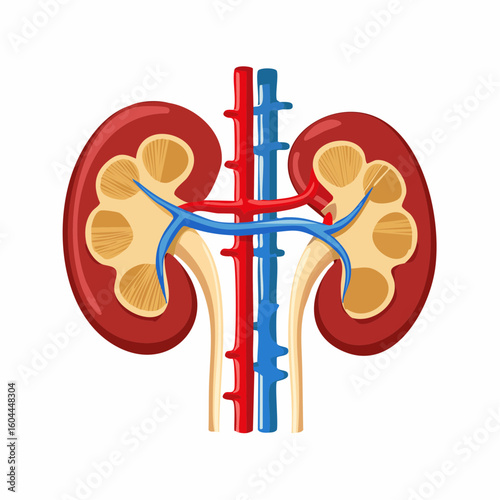 Detailed vector of a human kidney cross-section, illustrating the renal system anatomy with blood vessels