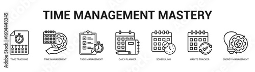 Time Management Mastery Modern and clean web banner illustration featuring thematic icons for visual communication