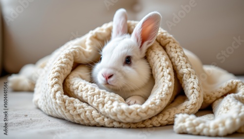 a fluffy white bunny nestled within a cozy beige blanket, appearing to be wrapped in it as if snuggled up for bed