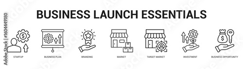 Business Launch Essentials Modern and clean web banner illustration featuring thematic icons for visual communication