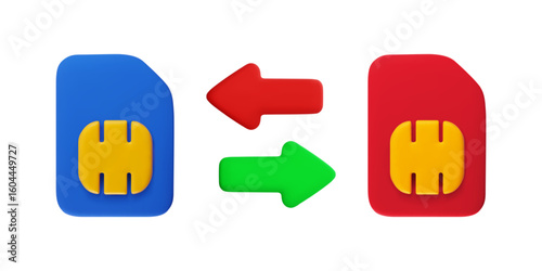 Vector cartoon 3d Change SIM cards icon. Minimal realistic 3d render of blue and red SIM card with transfer arrows. Transferring phone number symbol, switch between two SIM card slots concept.