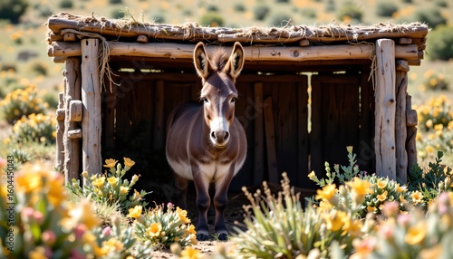 a tranquil rural scene featuring a donkey standing within a rustic wooden structure, surrounded by wildflowers