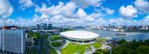 Fotografie Panoramic Aerial view of Shanghai World Expo area on cloudy day.