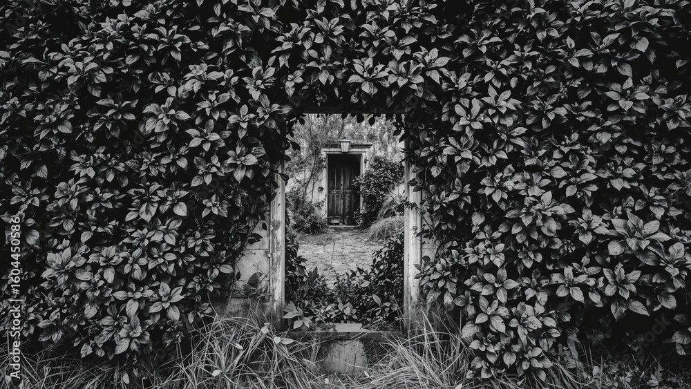 Fototapeta premium Black and white scenery showing plants surrounding gateway of an aged ruined residence