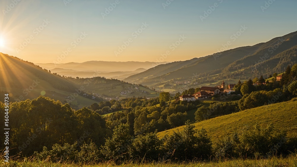 Obraz premium Magnificent summer early morning in the mountains showcasing a tranquil village among rolling hills. Scenic rural landscape concept.