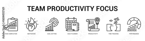 Team Productivity Focus Modern and clean web banner illustration featuring thematic icons for visual communication