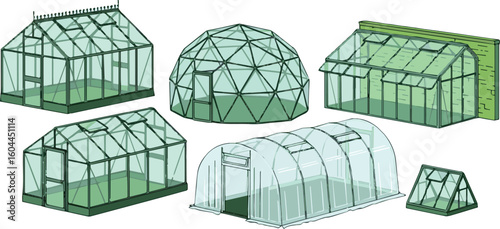 Create a kinds of deferent greenhouse ,glass, buliding vector art with white background.