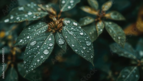 Moisture droplets on greenery after intense rain