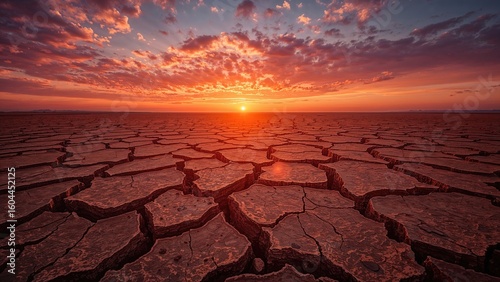 Golden sunset over barren, fissured land, symbolizing environmental degradation and climate effects.