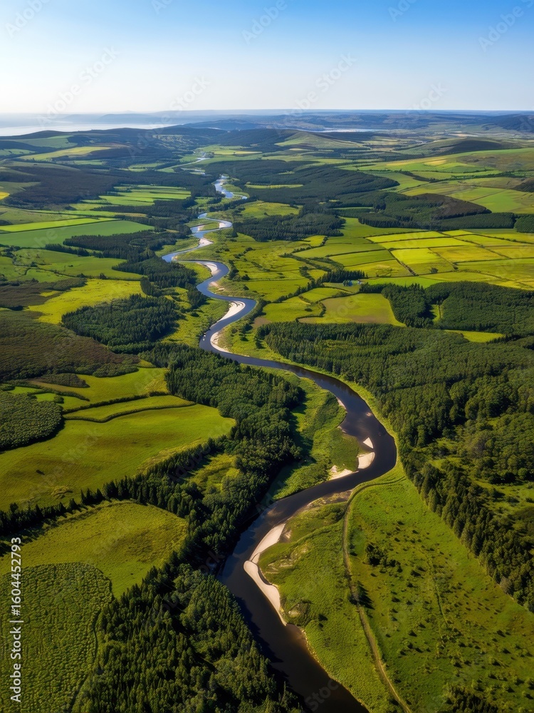 Naklejka premium Aerial view of meandering river through lush green fields nature landscape scenic environment vibrant colors