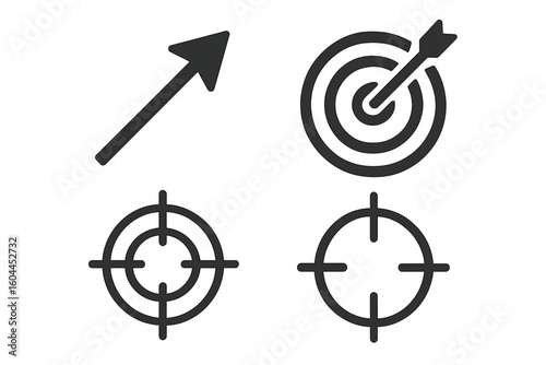 Business growth arrow, bullseye target with dart, sniper crosshairs icons set. Strategy, goal, accuracy, navigation, direction concept. Black glyph vector isolated on transparent