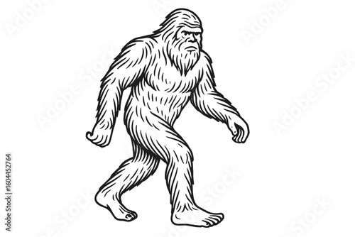 Bigfoot Sasquatch line art vector illustration, hand drawn mythical cryptid walking pose, black outline mascot for cryptozoology, mystery exploration, folklore design