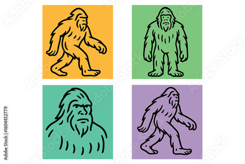 Bigfoot Sasquatch yeti line art vector icon set with walking cryptid silhouettes, mythical creature mascot illustrations on four colorful pop-art backgrounds, outline graphic