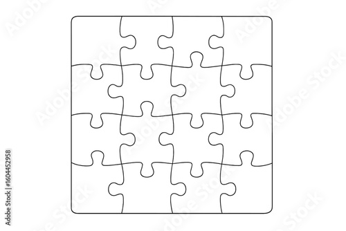 Blank jigsaw puzzle outline vector illustration, interlocking pieces pattern, black line art on transparent background, concept for teamwork, problem solving, connection, strategy