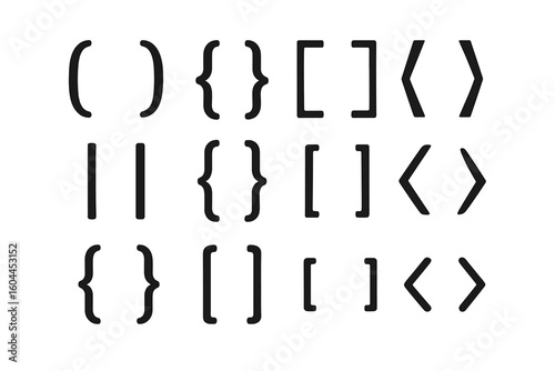 Brackets parentheses braces vector set. Programming coding symbols collection. Curly square angle brackets typography elements. Design decoration punctuation marks illustration
