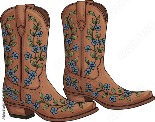 Create a kinds of deferent cowboy boots boot, shoe, leather, cowboy, footwear, fashion vector art with white background.