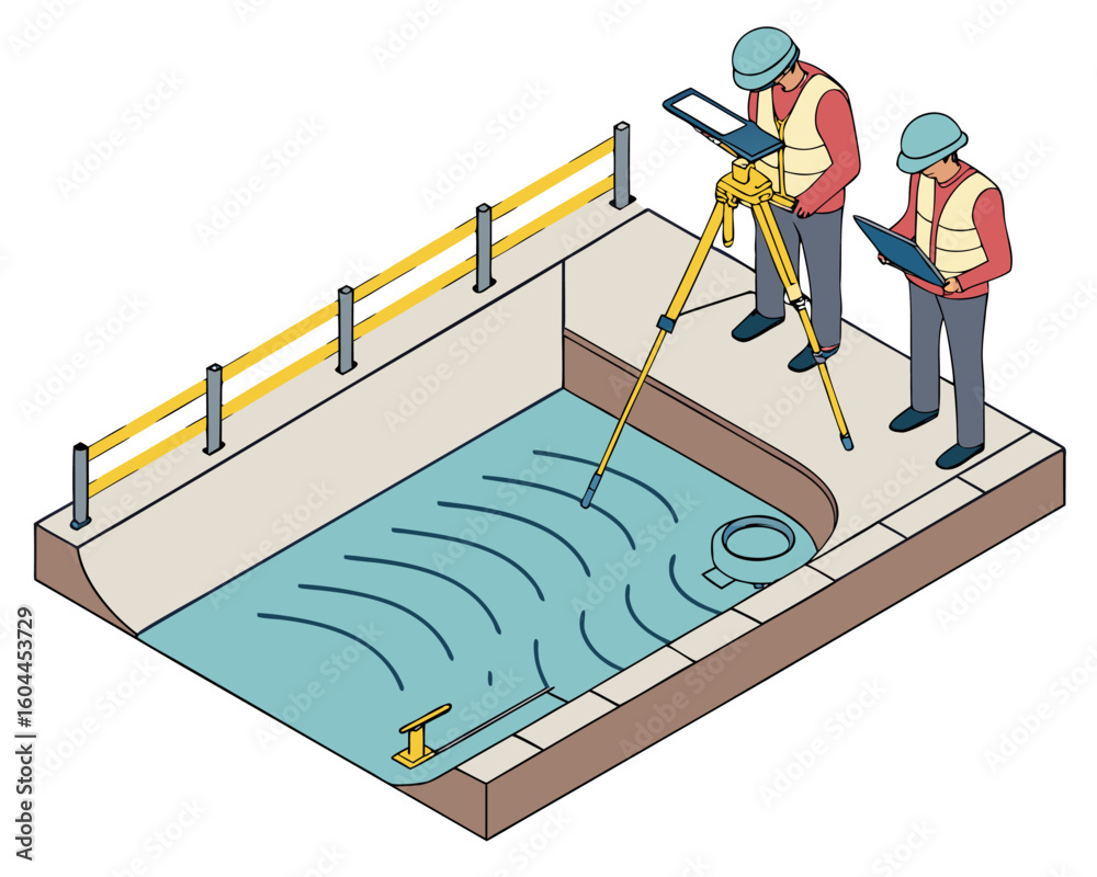 Naklejka premium Securely lined wastewater pond using HDPE geomembrane, preventing chemical seepage into soil, shown in isometric vector format.