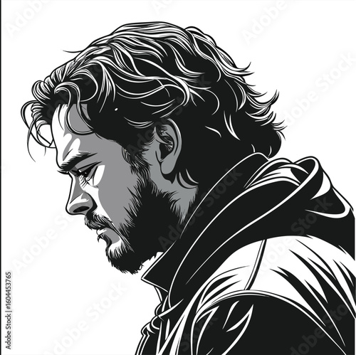 Black and white vector illustration of a woman's face in profile with long hair, capturing her artistic beauty and glamorous silhouette