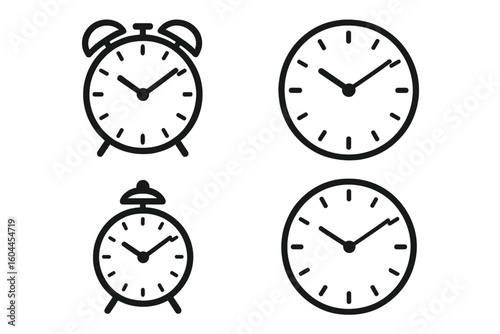Minimalist black alarm and wall clock vector icon set on transparent background, simple analog timekeeper symbols, vintage bell clock silhouettes, modern watch faces illustration