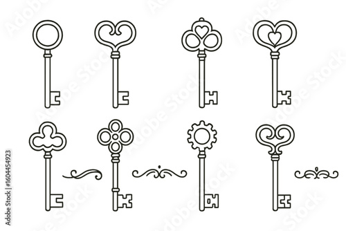 Vintage keys set. Collection of antique skeleton keys in outline style. Love key with heart, ornate and decorative elements. Vector icons for escape room, secret, or solution.