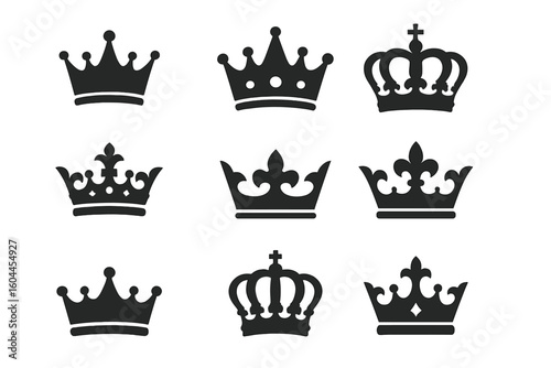 Royal crown silhouette set of nine vector icons, luxury monarchy tiara symbols, classic royal coronet emblems, king queen power insignia illustration on transparent background