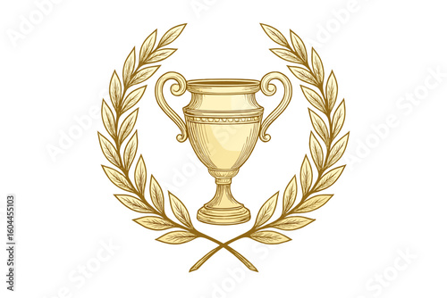 Gold trophy cup with laurel wreath, antique Greek Roman style, symbol of victory award & champion success, hand-drawn vector engraving illustration for winning achievement concept