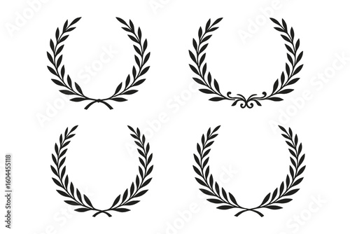 Set of 4 black laurel olive wreath silhouettes for award certificates, victory badges, anniversary celebrations, emblems, heraldic frames, elegant vintage vector decoration
