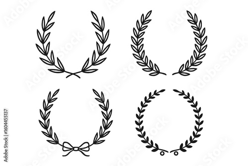 Set of four black laurel wreath vector silhouettes, olive branch victory crown frames for award certificates, celebration badges, labels, decorative emblems on transparent background