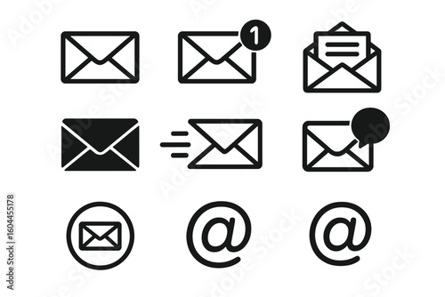 Black monochrome email envelope icon set for digital communication UI – mail send receive symbols, notification badge, at sign, letter pictograms, minimalist vector illustration
