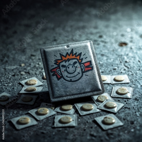 Nicotine pouches on floor. A packet of nicotine pouches with a cartoon logo on a dark, gritty floor surrounded by individual pouches.
