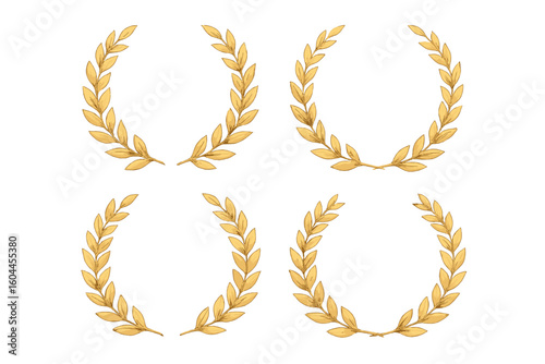 Golden laurel wreath vector set pattern on radiant metallic background, classic Roman victory award emblems for trophies, certificates, achievements, premium badges, honor concepts