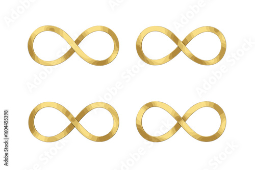 Glowing golden infinity symbol pattern — four 3D metallic lemniscate loops, luxury eternity ribbon icon, seamless design on black gradient background, opulent limitless vector elegance