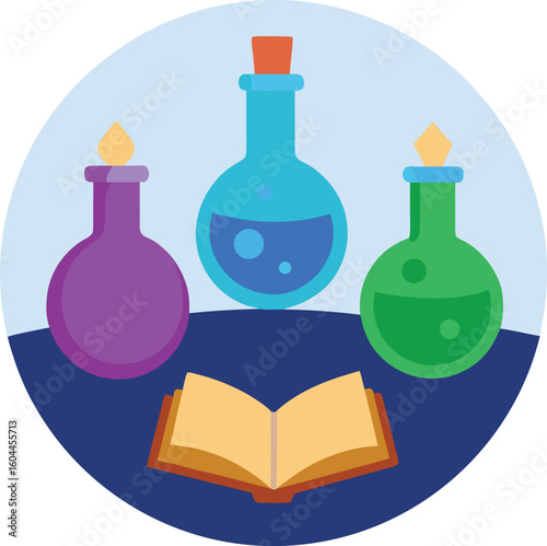 potion bottles and spellbook in a circle