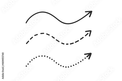 Curved arrows set smooth dashed dotted line styles vector illustration growth progress upward direction design elements business infographic symbols concepts