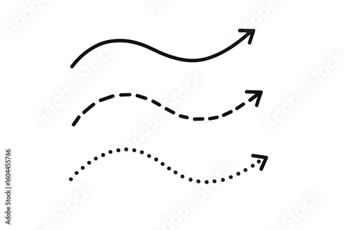 Upward wavy arrows set with solid, dashed and dotted lines illustrating progress, trend, business infographic curves, flexible trajectory symbol on transparent background vector