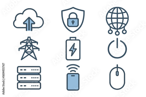 Cloud computing upload, cybersecurity shield lock, global networking, energy tower, battery charging icon, data server rack, wireless smartphone and computer mouse vector set