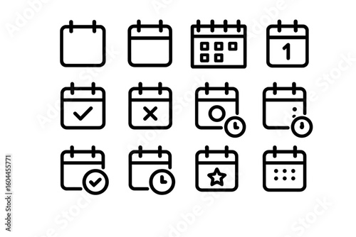 Modern Calendar Icon Set Collection for Web Design, Mobile App UI, UX, Event Planner, Schedule Organizer, Deadline Reminder, Minimalist Line Style, Transparent Background