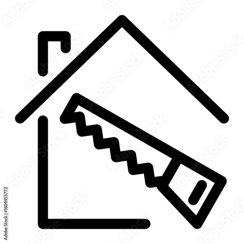 Saw in home line icon – editable stroke symbol for house renovation, construction, and DIY carpentry work.