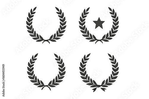 Royal victory laurel wreath emblem set. Award badge, achievement medal, triumph symbol, ranking insignia outline. Olive branch icon collection on transparent background vector