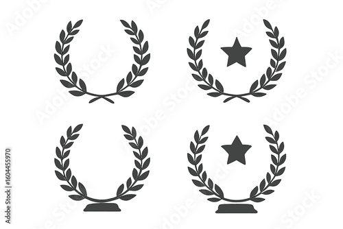 Black metallic laurel wreath award icon set with star, pedestal and crossed branches symbolizing achievement, victory, winner badge, trophy emblem, honor seal, vector illustration