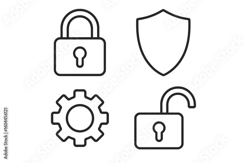 Cybersecurity outline icon set with closed padlock, unlocked padlock, shield emblem and gear symbol, depicting data protection, privacy lock, secure access vector illustration