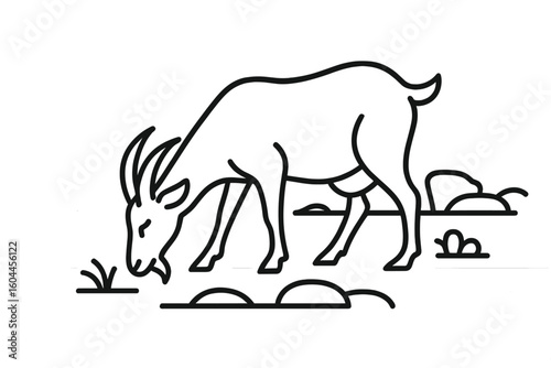 Goat line art vector illustration. Minimalist black and white farm animal icon. Modern, trendy design of a grazing goat with horns. Nature and agriculture concept symbol.